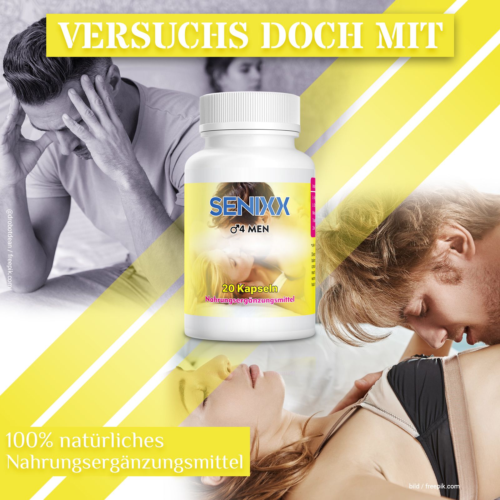 Flacone bianco SENIXX 4 MEN, 20 capsule. Integratore alimentare. Immagini di coppie e testo: "Versuchs doch mit".