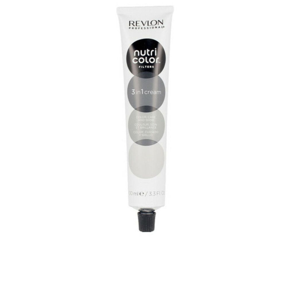 Tubo Revlon Nutri Color Filters. Tappo nero, sfondo bianco. Testo: Nutri Color, 3 in 1 cream.