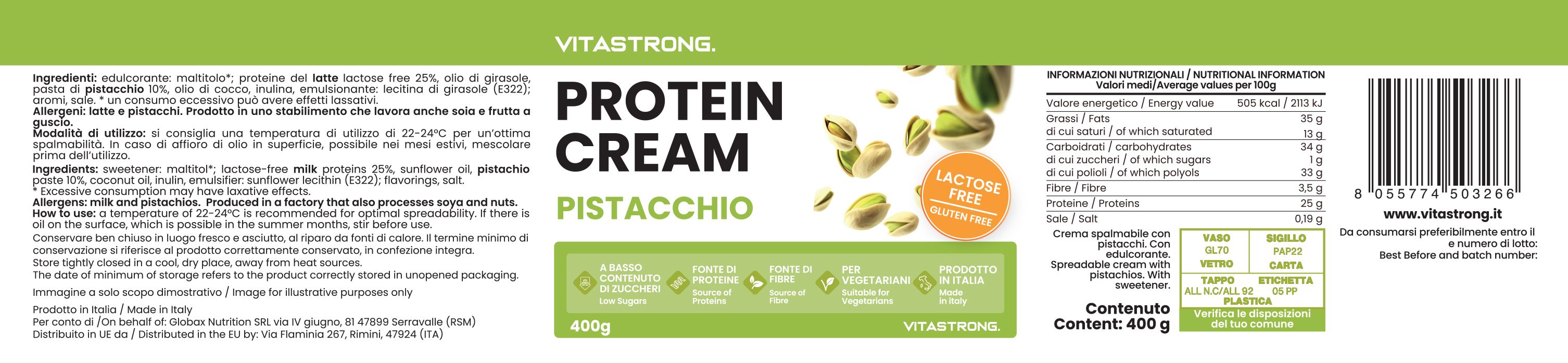 Etichetta: Protein Cream Pistacchio, 400g. Ingredienti, informazioni nutrizionali, loghi. Design verde e bianco.