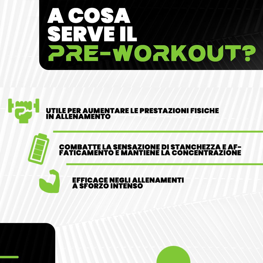 Infografica. Testo: 'A cosa serve il Pre-Workout?'. Simboli e testo descrivono i benefici. Sfondo verde.