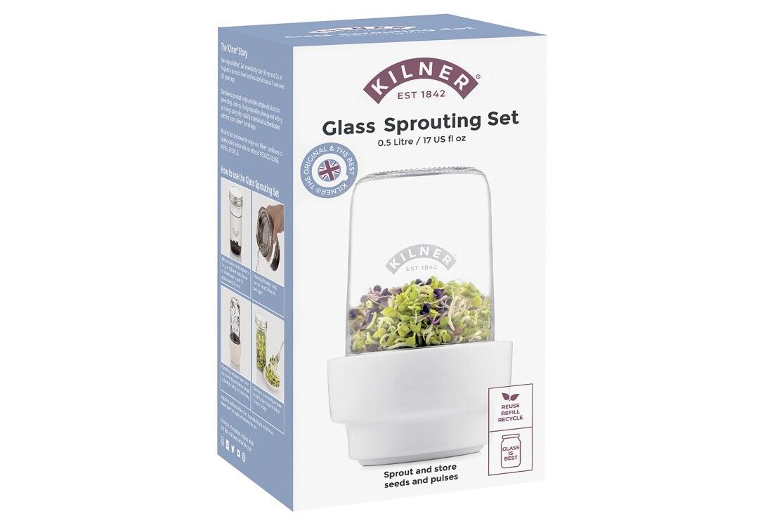 Set KILNER per germogli in confezione. Vaso con germogli, base bianca. Testo: Glass Sprouting Set, 0.5 Litre, Original.