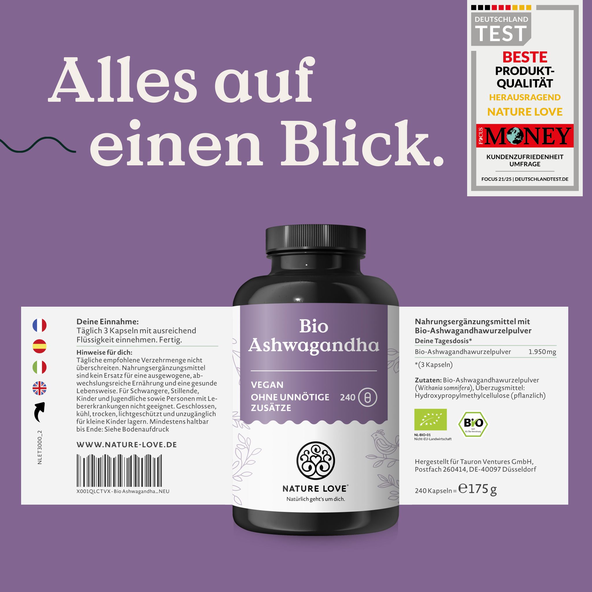 Flacone di capsule Bio Ashwagandha, etichetta con raccomandazione d'uso, informazioni nutrizionali e sigillo biologico.