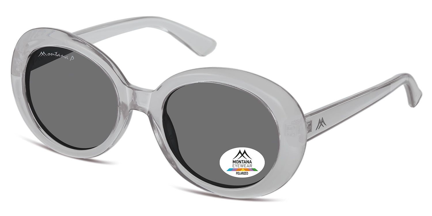 Occhiali da sole grigi, lenti rotonde, logo Montana Eyewear sulla lente e sulle aste. Lenti polarizzate.