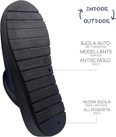 Primo piano della suola di uno zoccolo blu. Testo: « Suola Auto-Modellante » e « Antiscivolo ». Frecce che indicano interno/esterno.