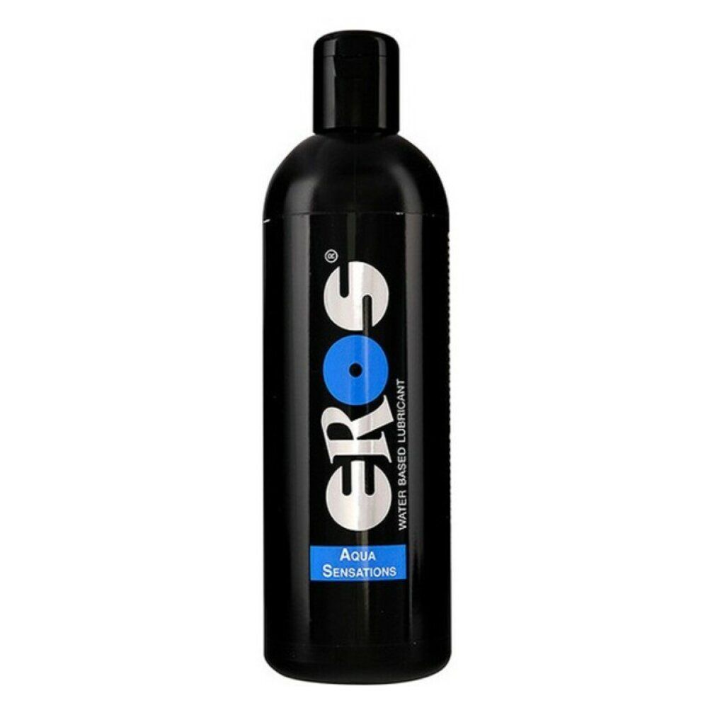 Flacone nero con logo "Eros" bianco e cerchio blu. Visibili anche "Aqua Sensations" e "Water Based Lubricant".