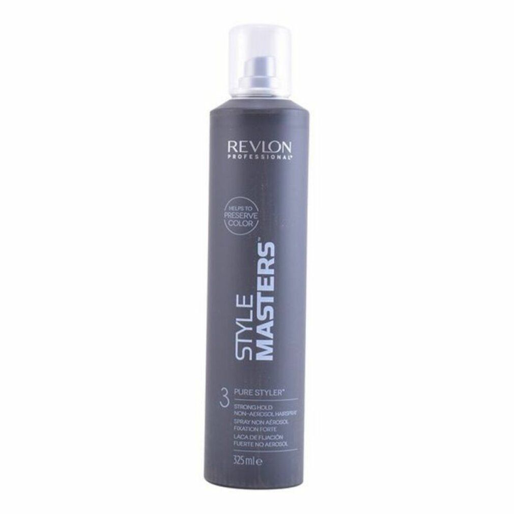 Flacone spray grigio con erogatore bianco. Scritte: Revlon Professional, Style Masters, Pure Styler, Strong Hold.