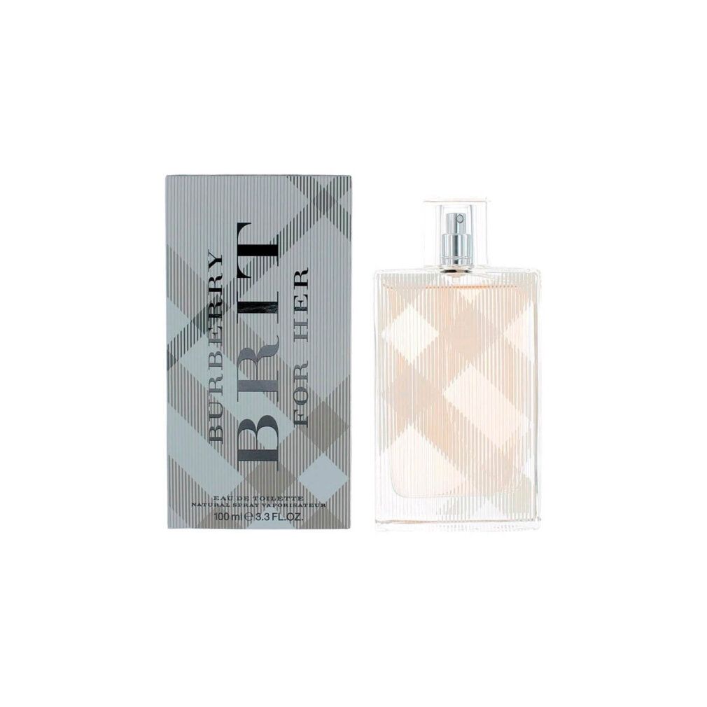 Burberry Brit for Her Eau de Toilette Spray. Flacone e confezione. Motivo a quadri e testo: Burberry Brit for Her.