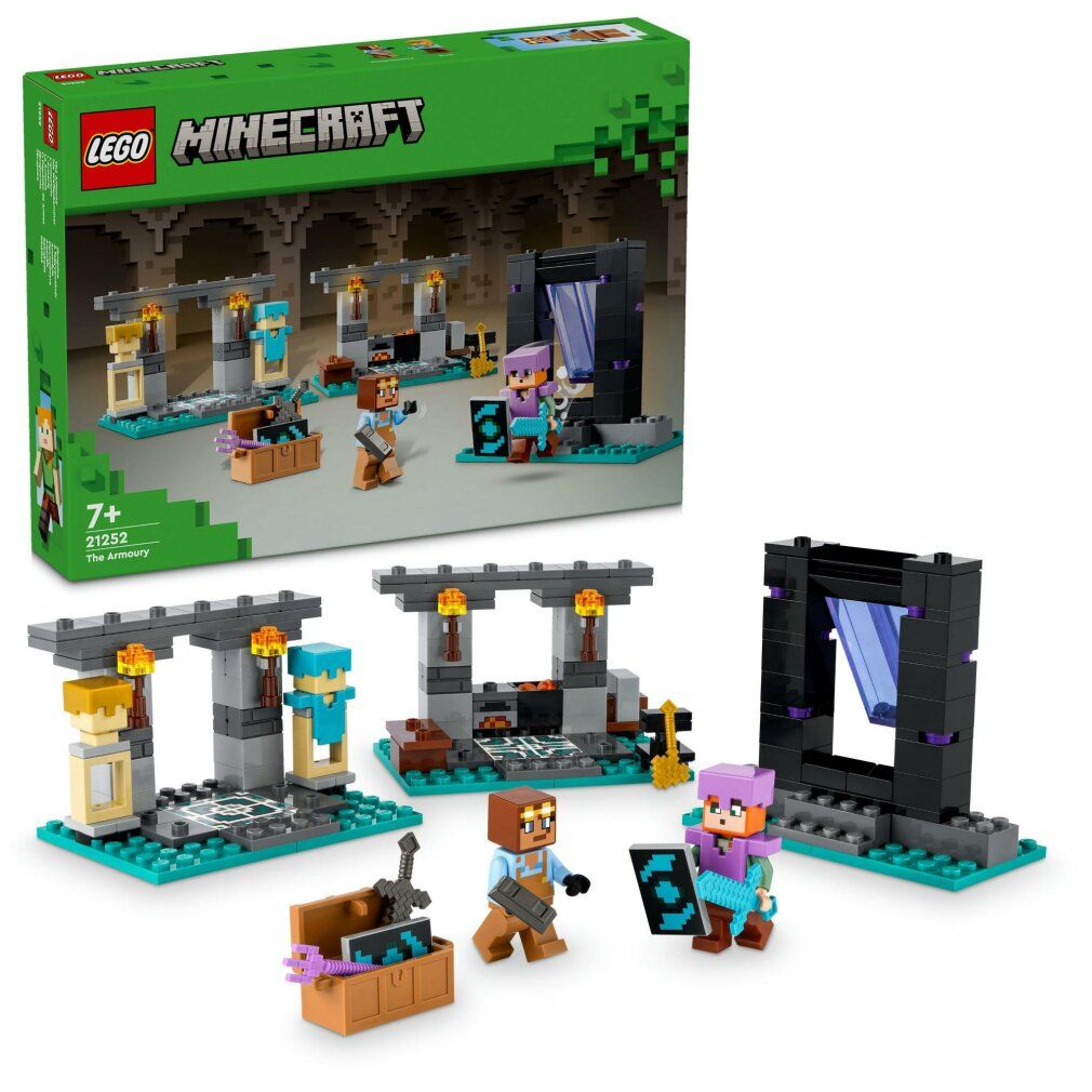 Set LEGO Minecraft. Il set mostra personaggi, armi ed edifici. Età consigliata 7+. La confezione è sullo sfondo.