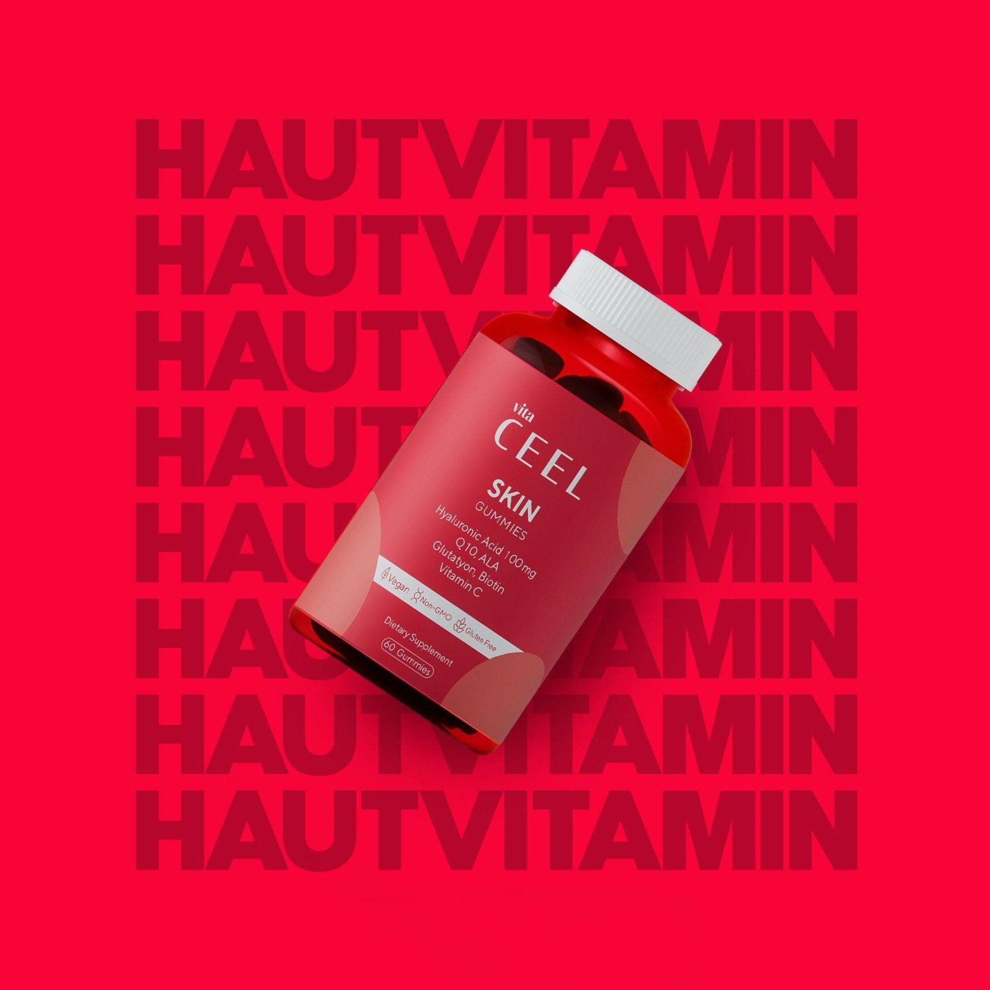 Flacone rosso di vita CEEL SKIN GUMMIES. Contiene acido ialuronico, CoQ10, biotina, vitamina C.