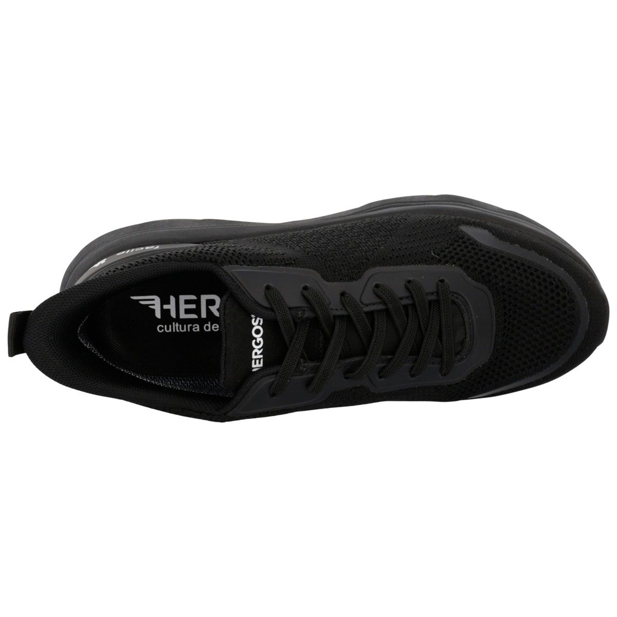 Vista dall'alto di uno sneaker nero traspirante con lacci e logo "HERGOS".