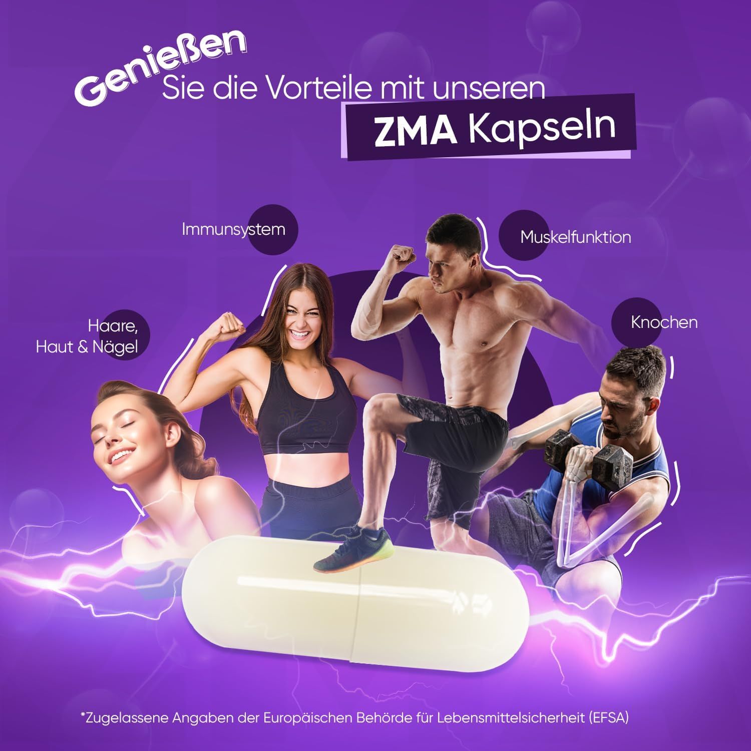 Capsule ZMA, una capsula al centro. Persone che si allenano. Testo: sistema immunitario, funzione muscolare, capelli/pelle/unghie, ossa.