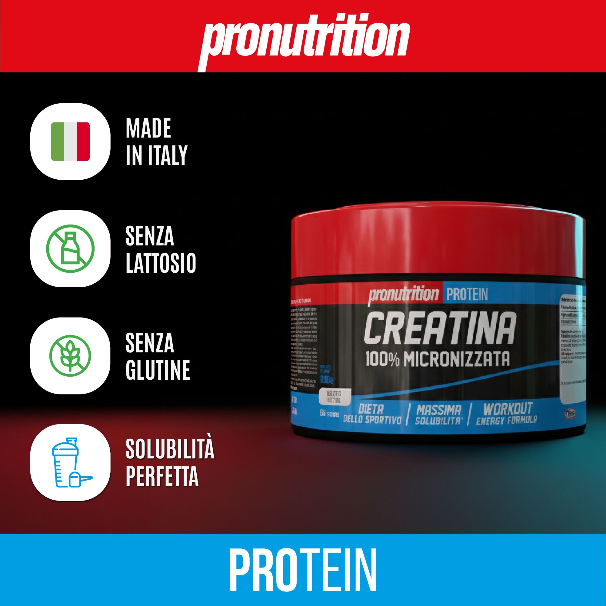 Barattolo di integratore rosso e blu. Testo: Creatina 100% Micronizzata. Con bandiera italiana e simboli.