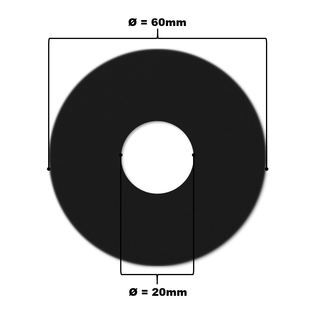 Cerotto per catetere nero e rotondo con foro centrale. Diametro 60 mm, diametro foro 20 mm.
