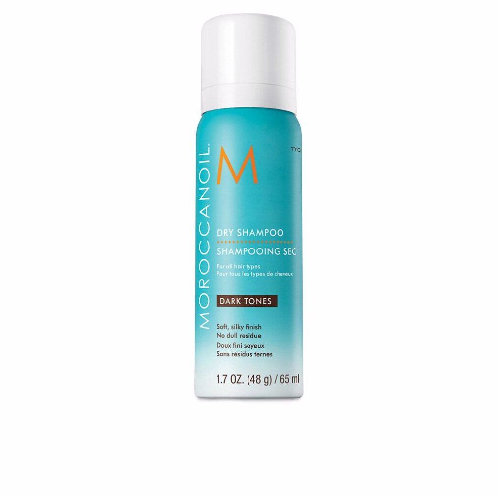 Flacone spray turchese con tappo bianco. Scritta: Dry Shampoo, Dark Tones. Marca: Moroccanoil. Volume: 1.7 oz (48 g) / 65 ml.