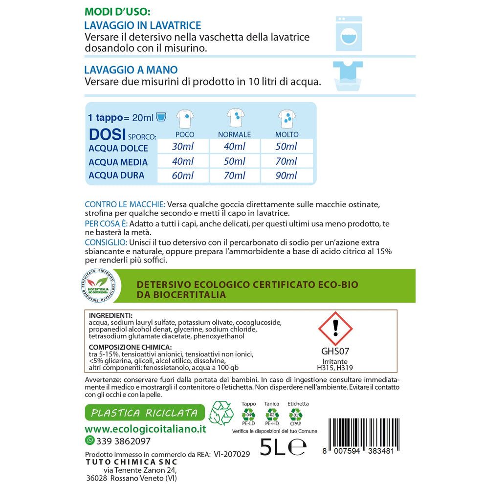 Etichetta con testo e istruzioni per il dosaggio. Contiene ingredienti, avvertenze e informazioni sul riciclaggio. Certificazioni.