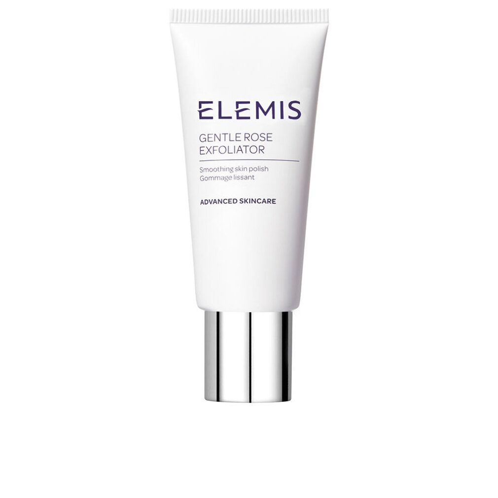 Tubo bianco con tappo argentato. Scritta: Elemis, Gentle Rose Exfoliator. Testo: Smoothing skin polish, Gommage lissant.