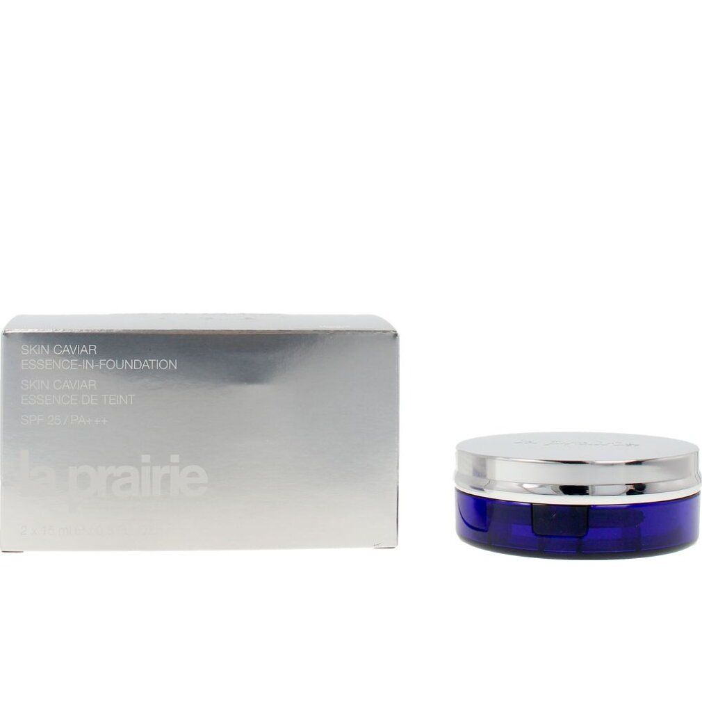 Trucco compatto e scatola. Scatola con nome del prodotto. Compatto con coperchio argentato e base blu.