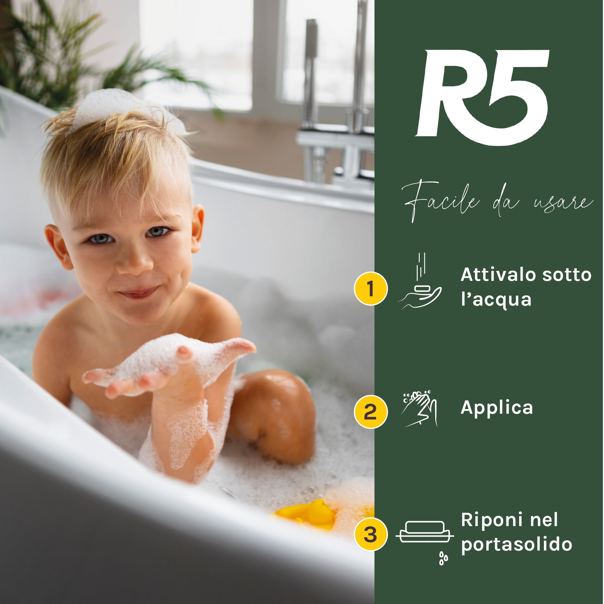 Bambino nella vasca da bagno con schiuma. R5 Doccia Shampoo Bambini: passaggi di applicazione 1-3.