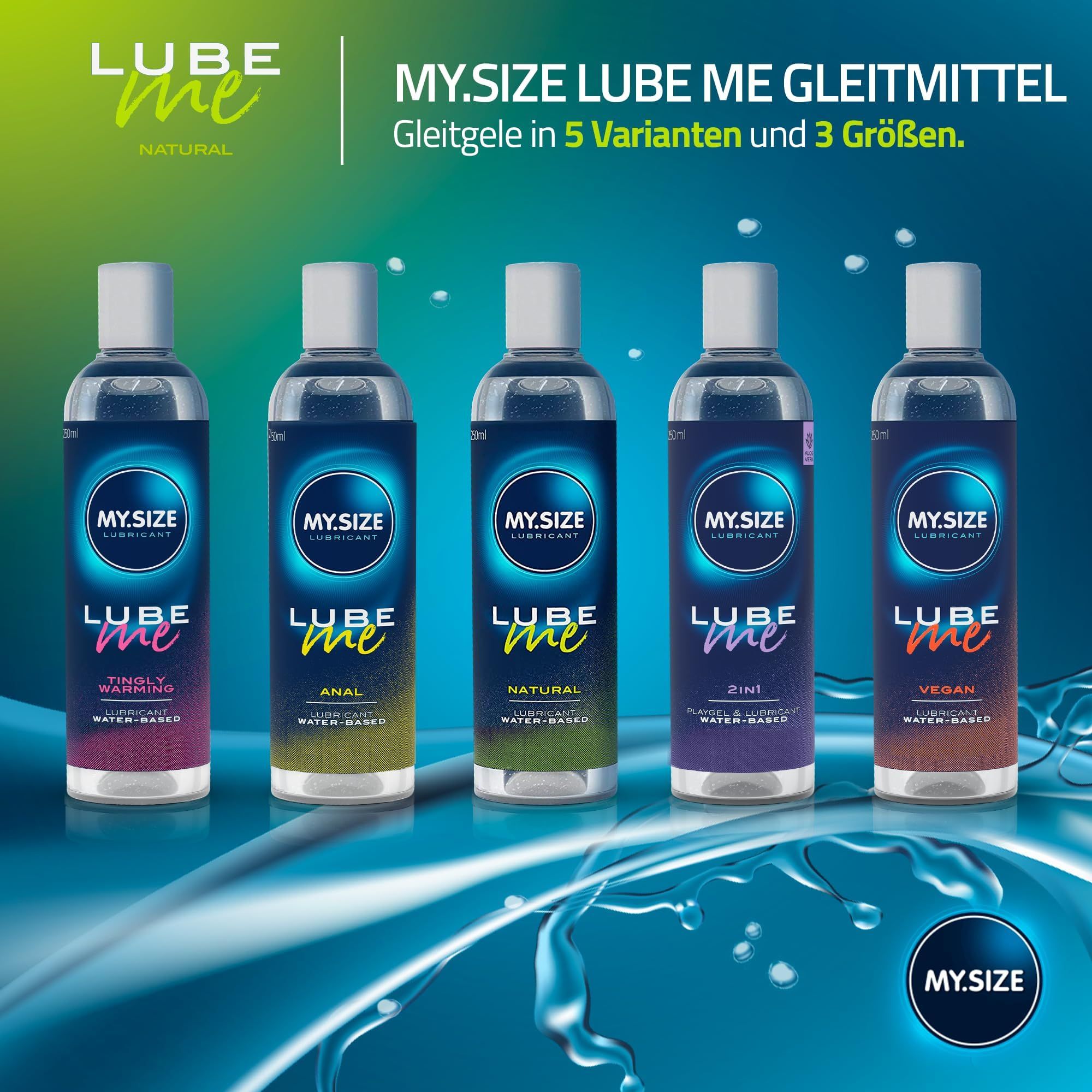 Cinque varianti di lubrificante MY.SIZE LUBE ME in flacone: Tingly, Anal, Natural, 2-in-1, Vegan.