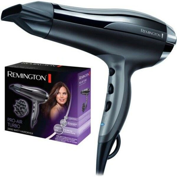 Asciugacapelli e confezione. Asciugacapelli nero e grigio. Confezione con immagine del prodotto e marchio Remington.