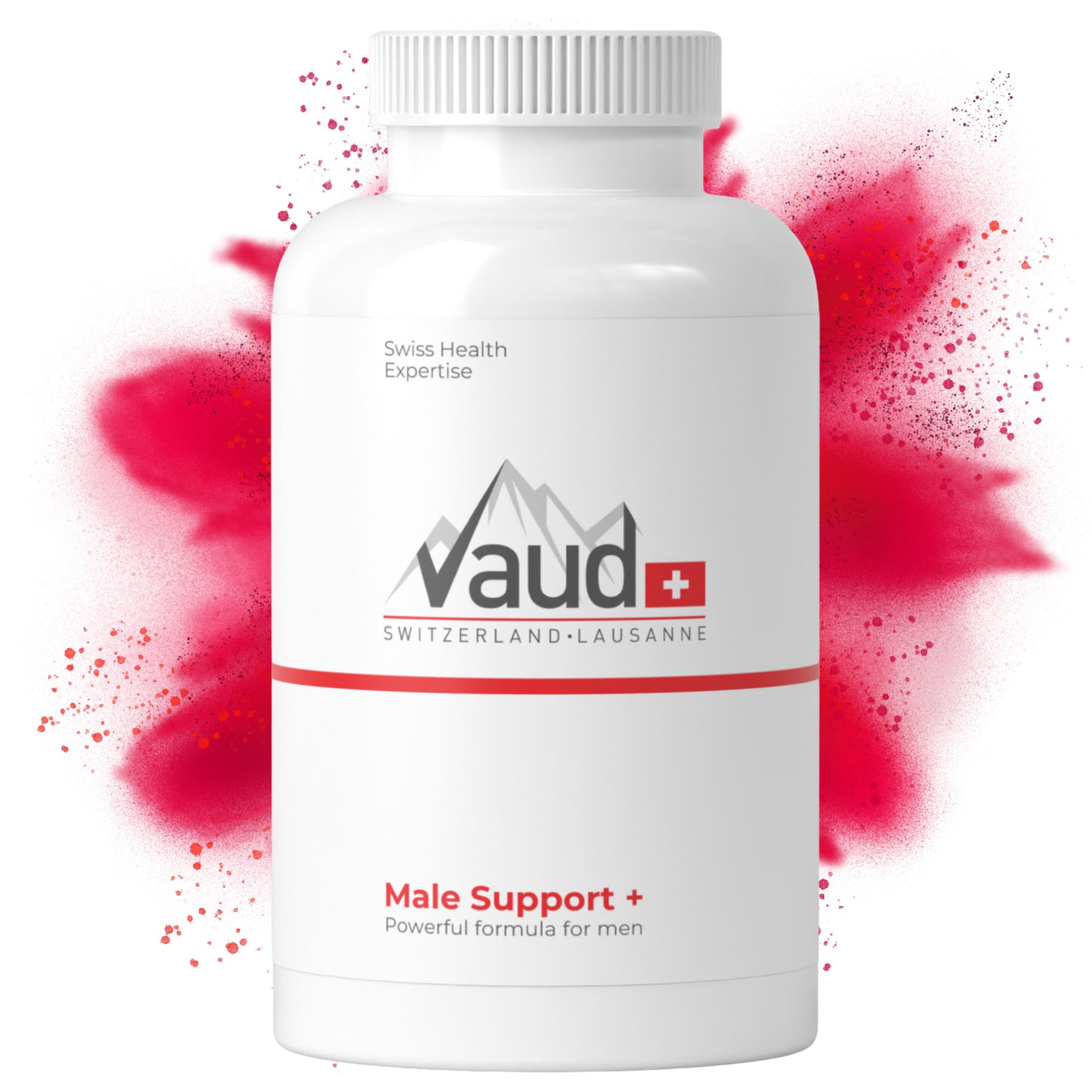 Flacone bianco con spruzzo rosso. Logo Vaud, Male Support+. Swiss Health Expertise.