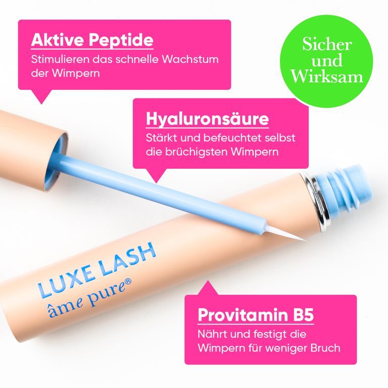 Siero ciglia Luxe Lash con applicatore. Contiene acido ialuronico, provitamina B5 e peptidi.