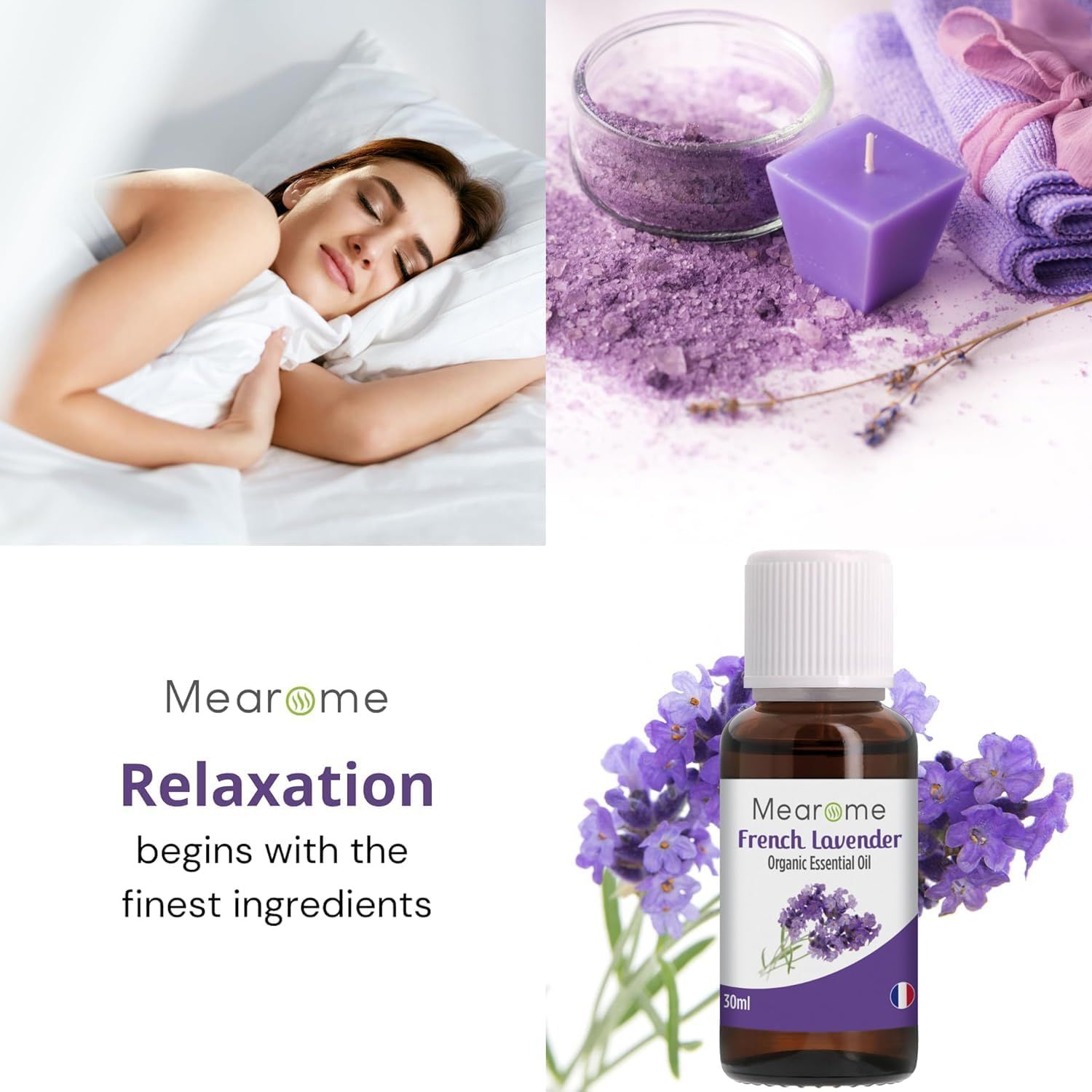 Donna a letto, lavanda, candela, sale, flacone con etichetta. Nome del prodotto e bandiera francese.