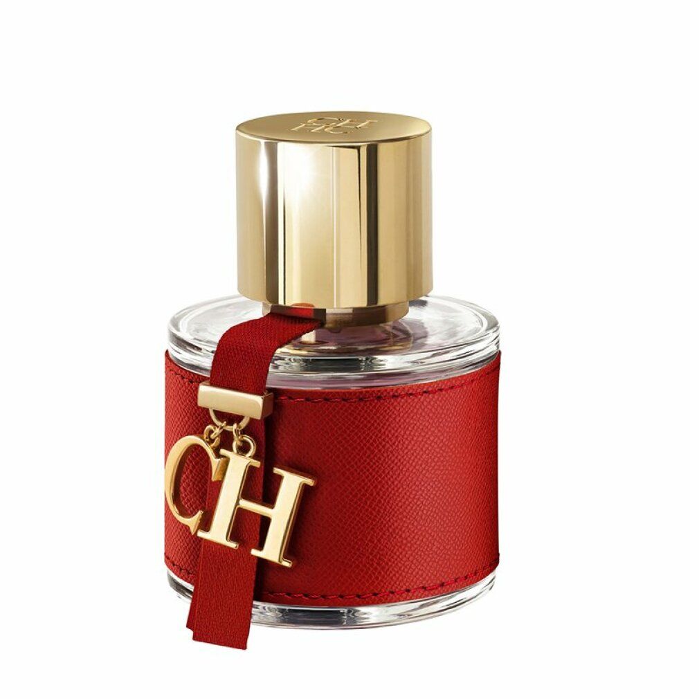 Flacone rotondo in vetro, fascia rossa in pelle, tappo dorato. Ciondolo dorato 'CH'.