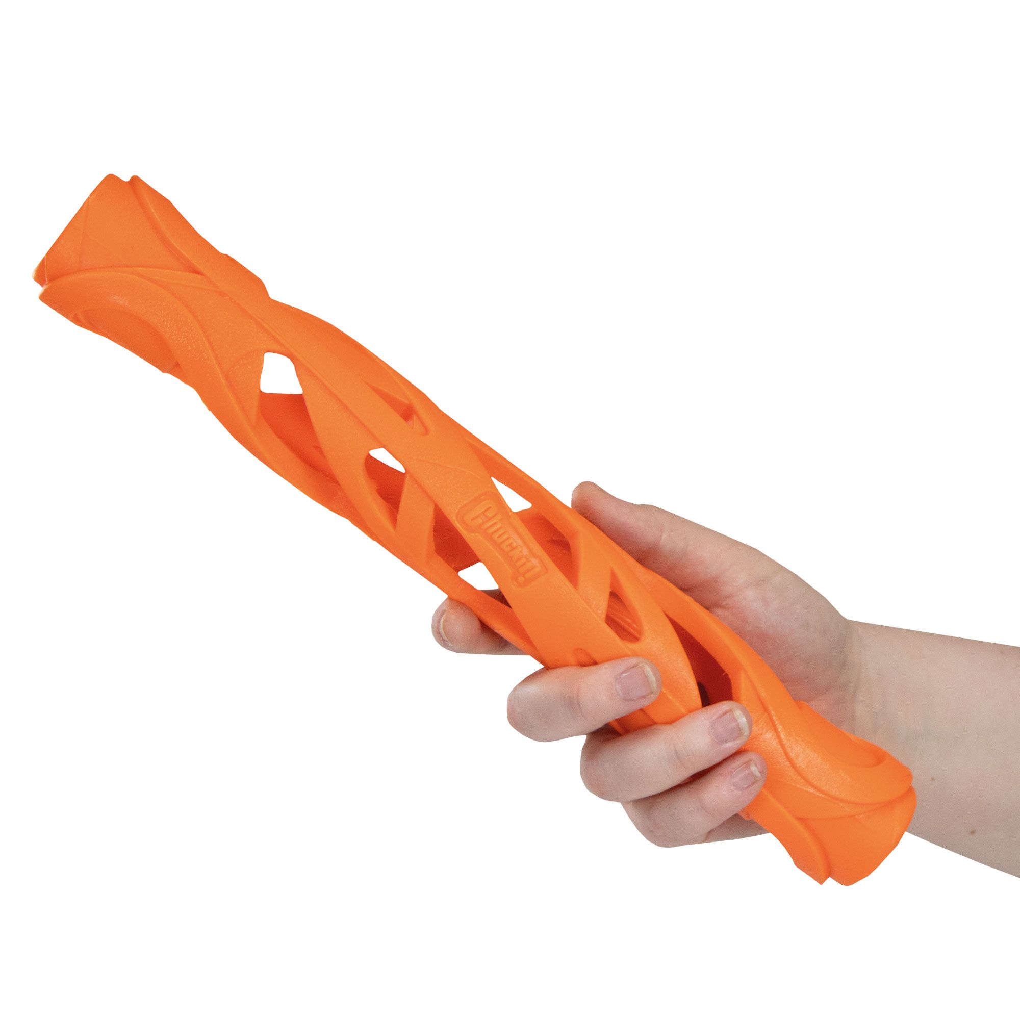 Bastoncino arancione flessibile per cani tenuto in mano.