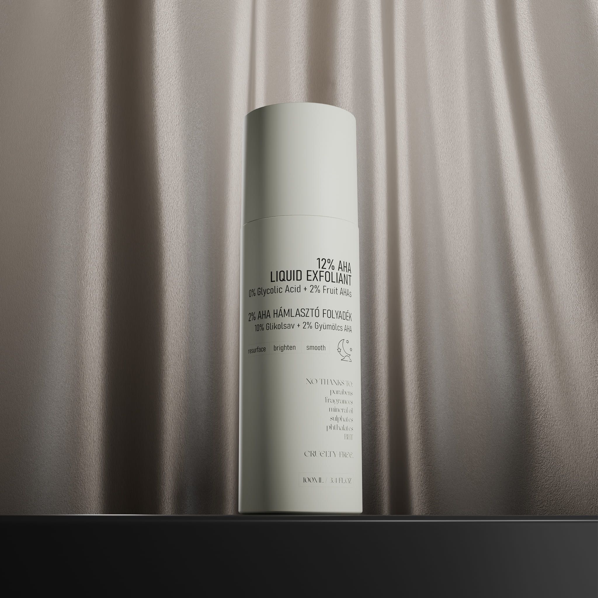 Flacone 12% AHA Liquid Exfoliant, 100ml, con testo.