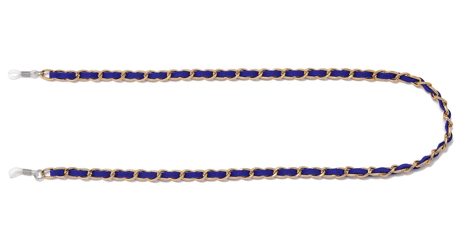 Catenina per occhiali blu con catena dorata. Estremità con anelli per il fissaggio alle aste degli occhiali.