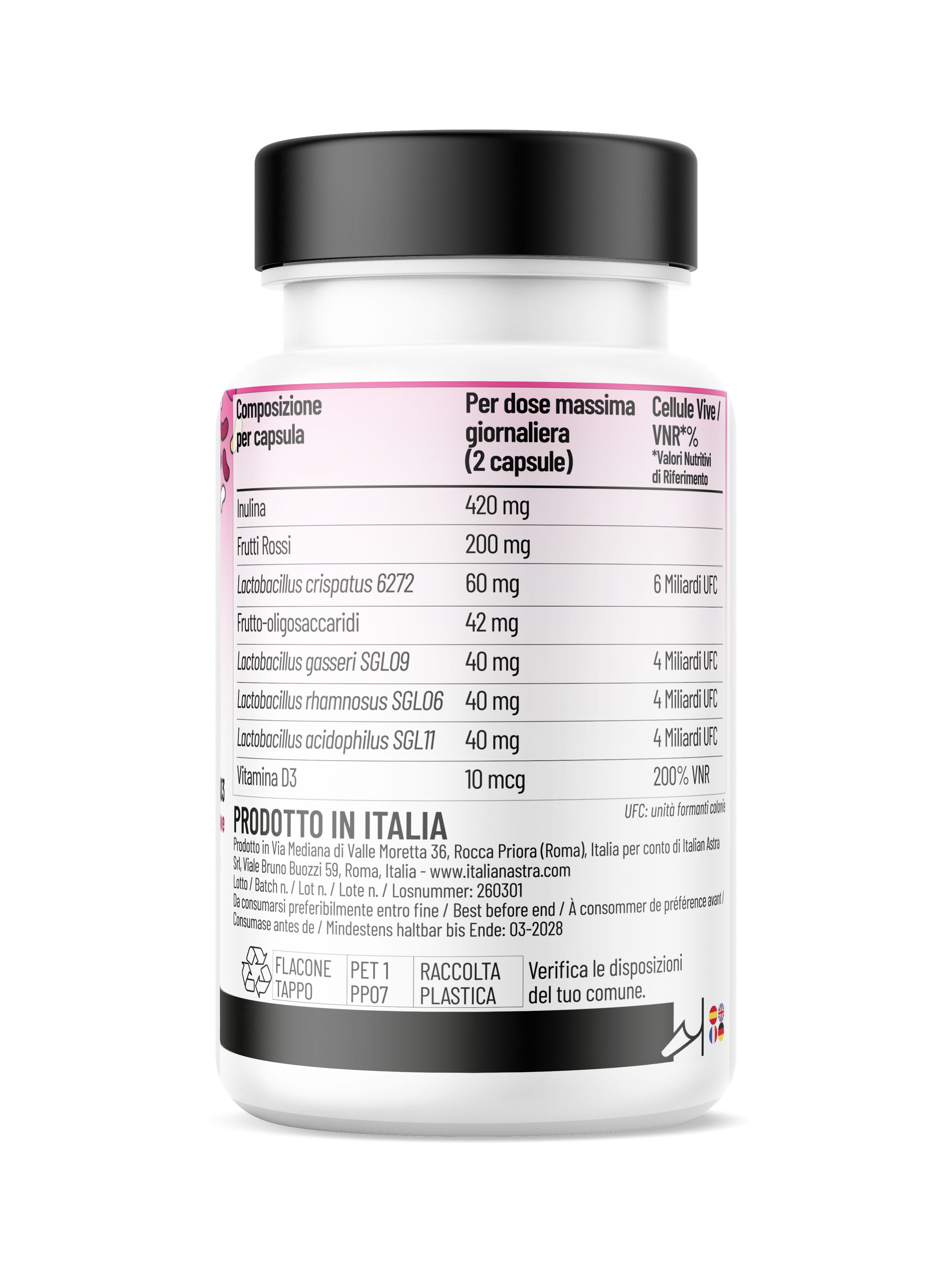 Retro del flacone con elenco degli ingredienti. Contiene inulina, frutti rossi, batteri vivi, vitamina D3. Prodotto in Italia.