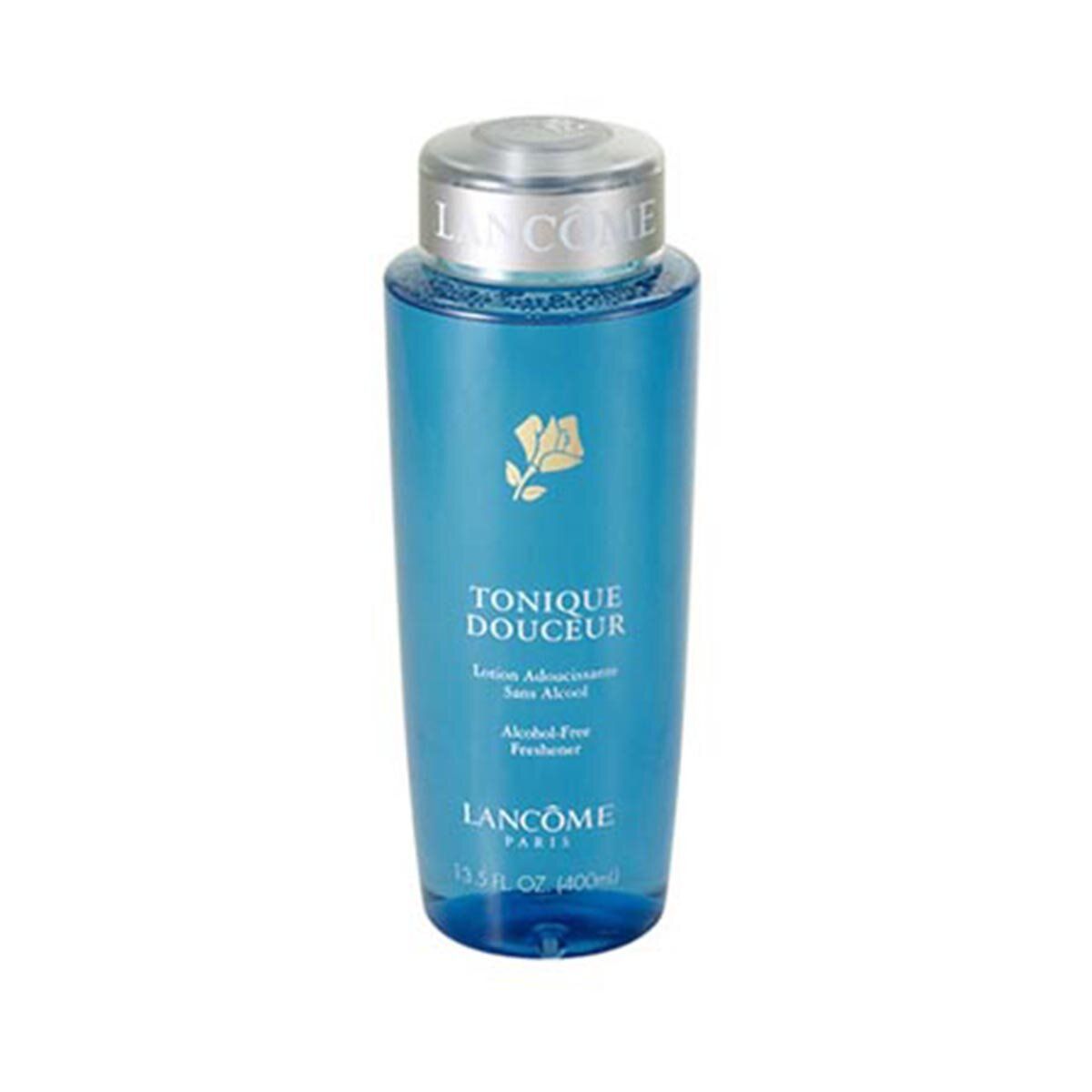 Flacone blu con tappo argentato. Scritta: LANCÔME, TONIQUE DOUCEUR, 13.5 FL. OZ. (400ml).
