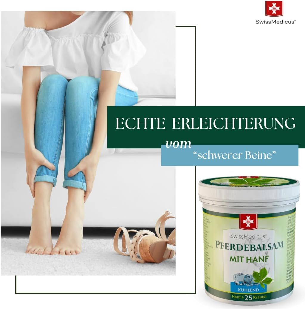 Persona tiene le gambe. Accanto: SwissMedicus Pferdebalsam mit Hanf. Testo: Vero sollievo dalle "gambe pesanti".