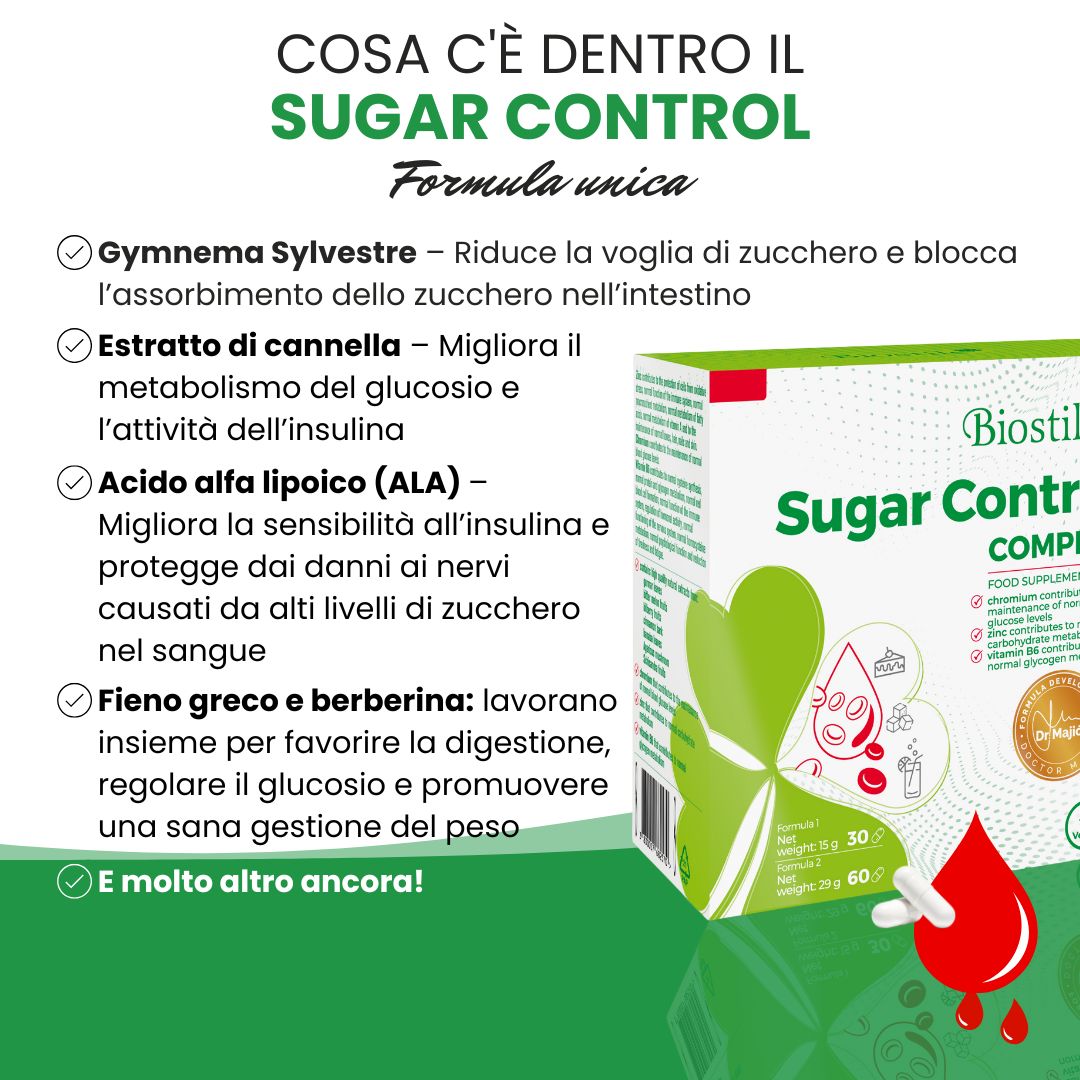 Uomo beve acqua accanto a una grafica che spiega l'uso di Biostile Sugar Control Komplett.