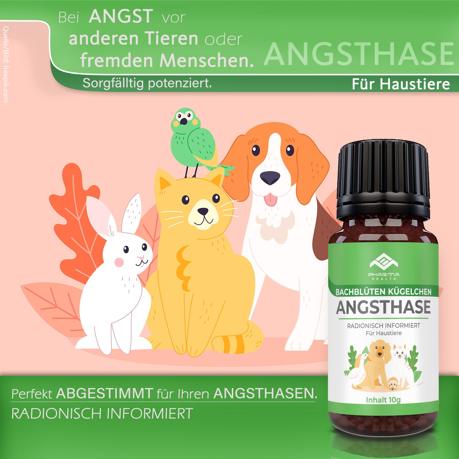 Flacone del prodotto accanto a illustrazioni di animali. Testo: Angsthase, per animali domestici, accuratamente potenziato.