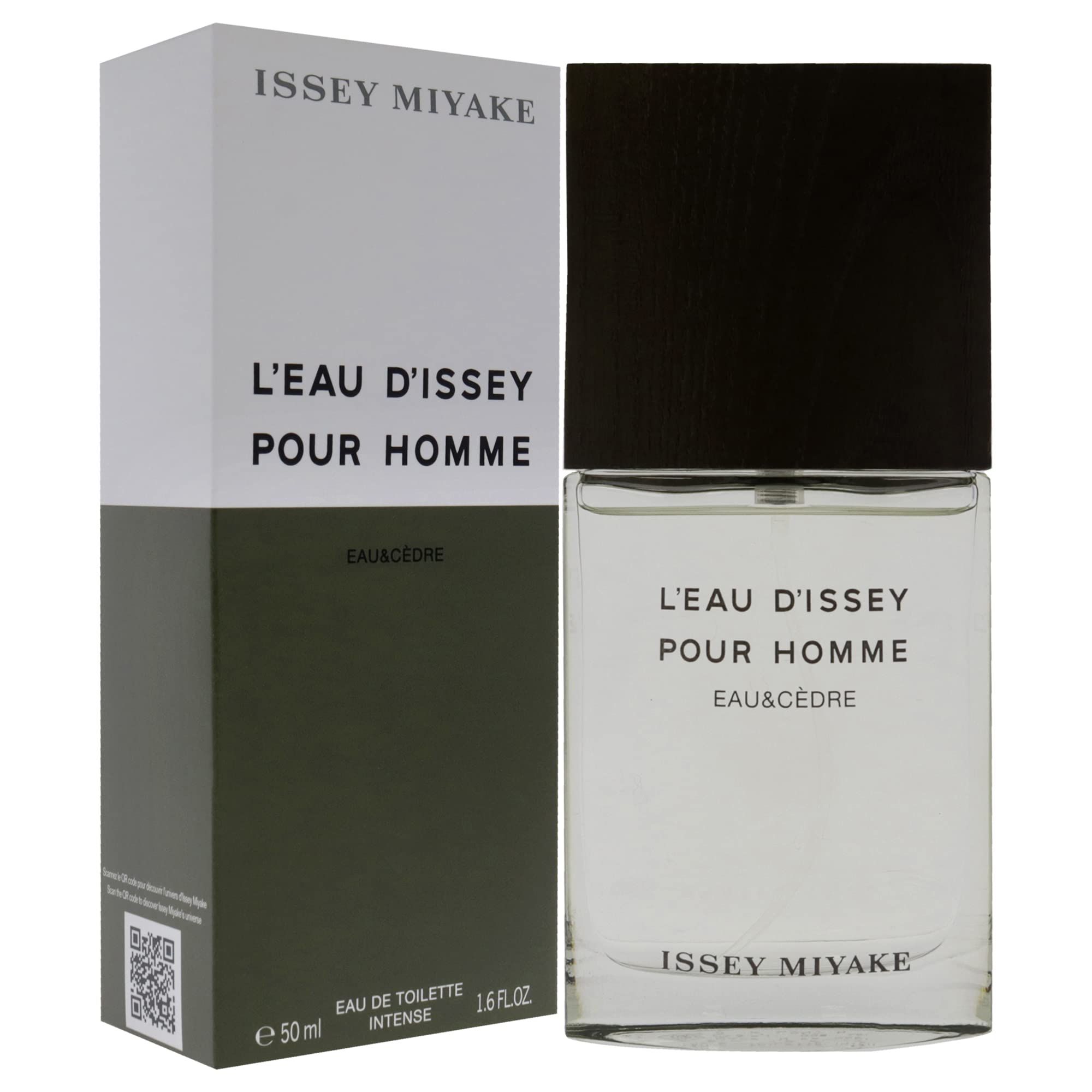 Flacone in vetro e confezione. Scritta: L'EAU D'ISSEY POUR HOMME, EAU&CÈDRE, ISSEY MIYAKE. EAU DE TOILETTE INTENSE, 50 ml, 1.6 FL.OZ.