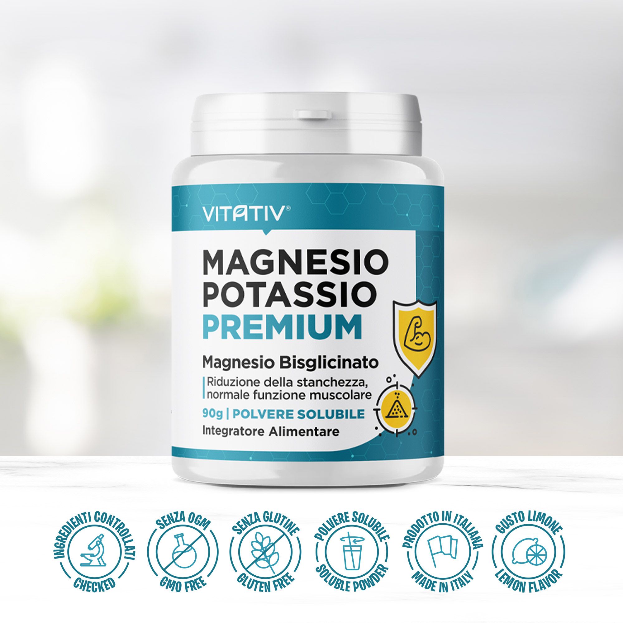 Barattolo di Vitativ Magnesio Potassio Premium. Scritta: Magnesio Potassio Premium, 90g, polvere solubile.