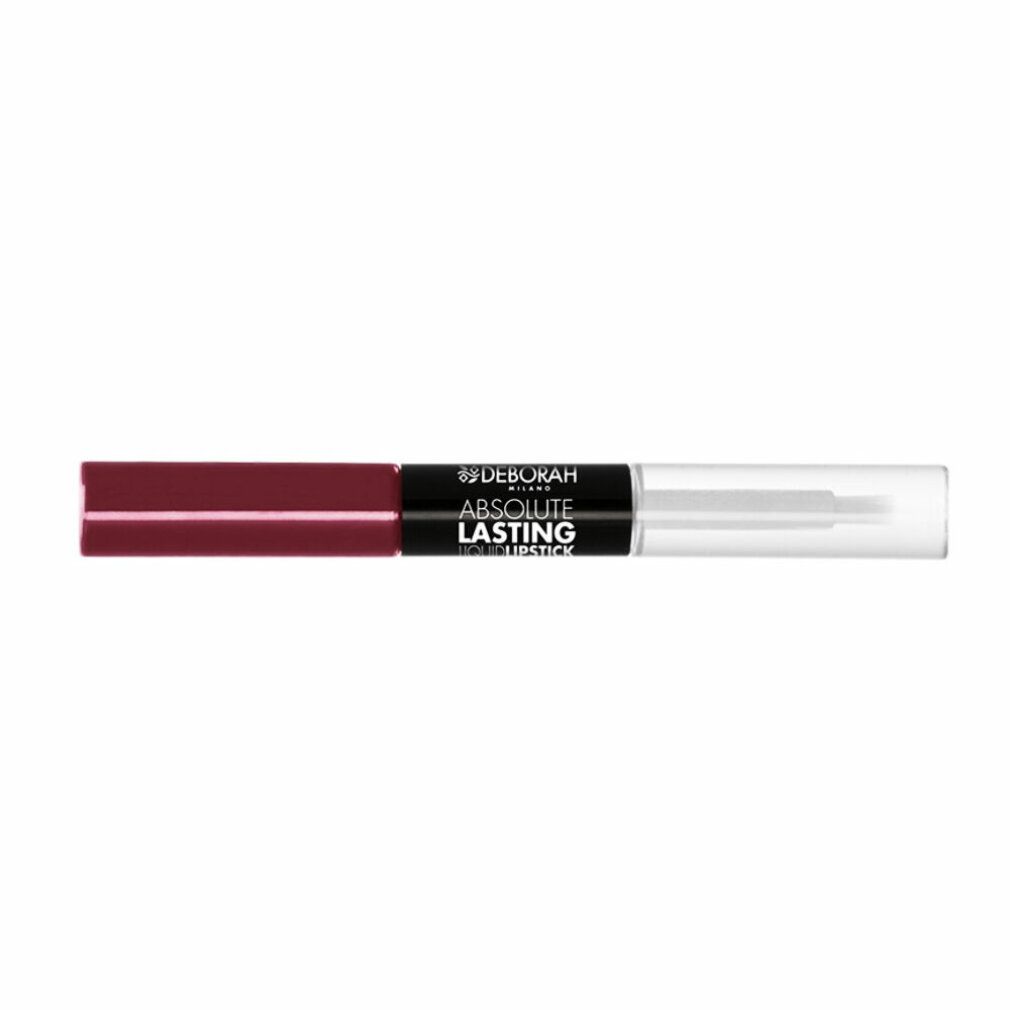 Rossetto doppio. Rossetto rosso scuro e lato applicatore trasparente. Sezione centrale nera con scritta: Absolute Lasting Lipstick.