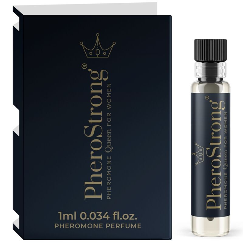 PheroStrong Pheromone Perfume Queen per donne, flaconcino da 1ml e scatola pieghevole.