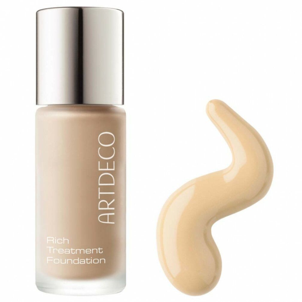 Flacone Artdeco Rich Treatment Foundation e campione. Flacone con tappo argentato, scritta. Campione a forma di onda.
