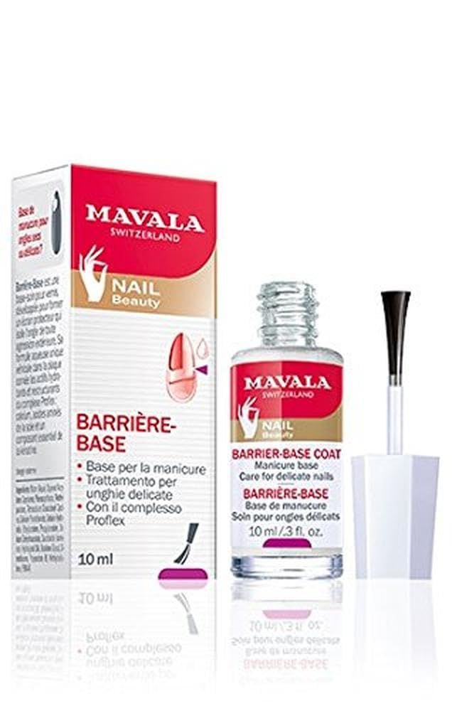 Flacone in vetro con liquido, pennello e scatola. Scritta: MAVALA, BARRIERE-BASE, 10 ml. Logo Nail Beauty.