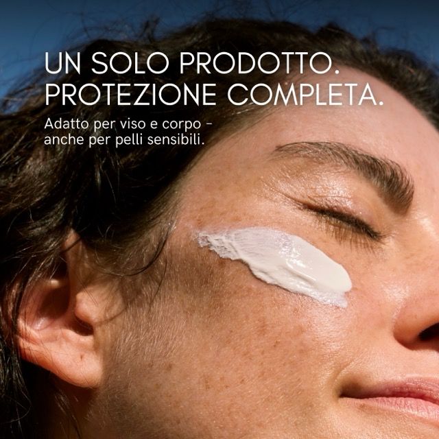 Viso con crema solare applicata. Adatto per viso e corpo.