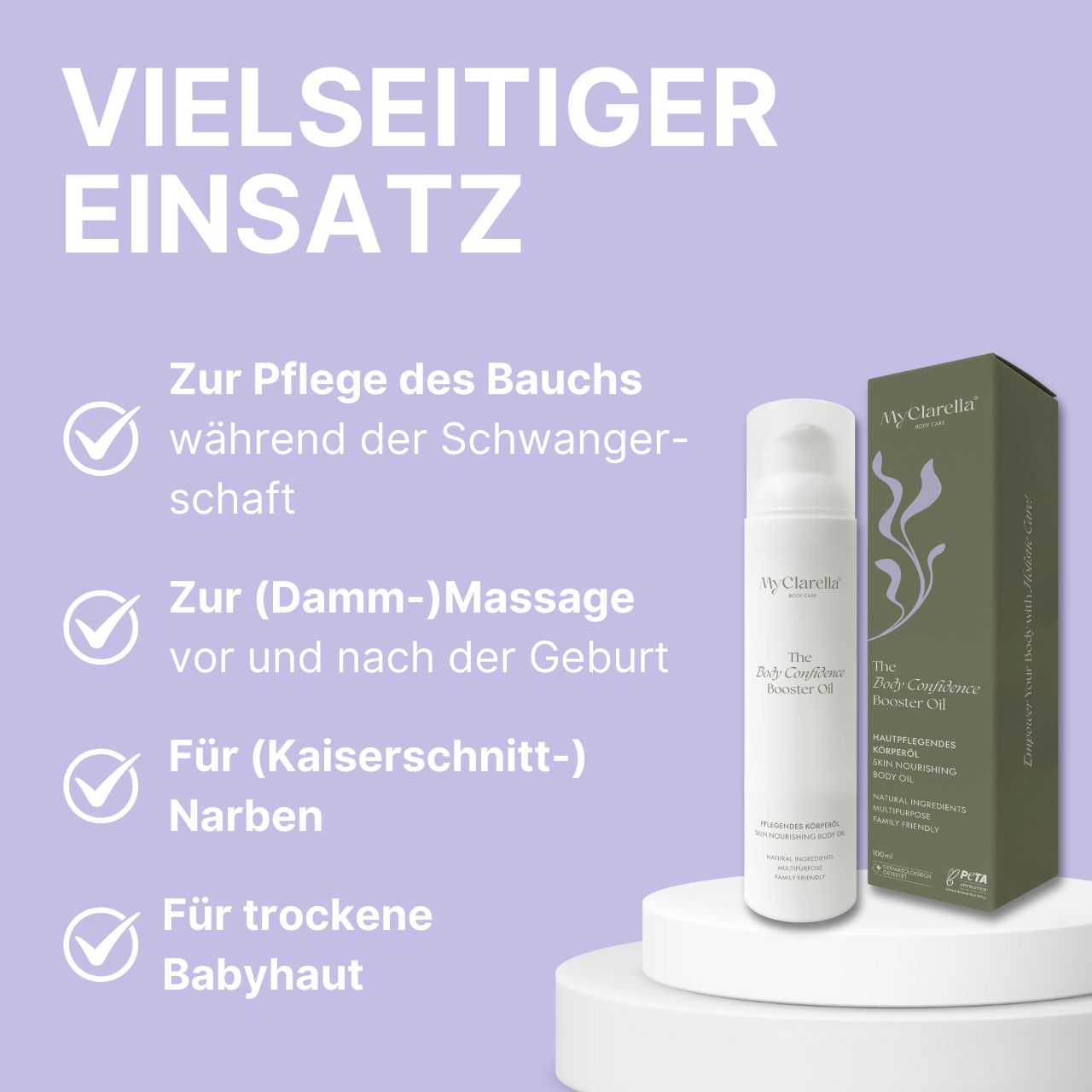 Flacone di olio bianco e confezione verde. Testo: Uso versatile. Per pancia, perineo, cicatrici e pelle secca del bambino.