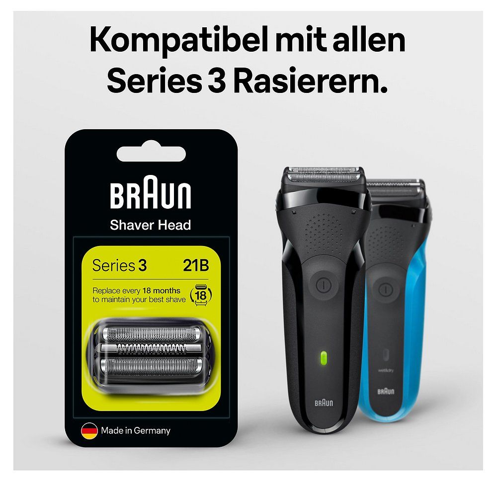 Rasoio Braun Series 3 e testina di ricambio 21B nella confezione.