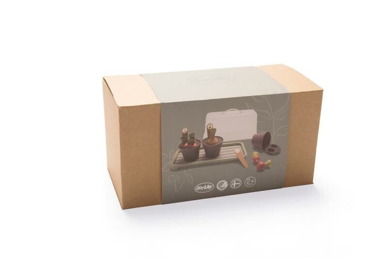 Confezione del mini set da giardino. Scatola di cartone con immagine del prodotto. Contiene vasi, verdure, vassoio e coperchio.