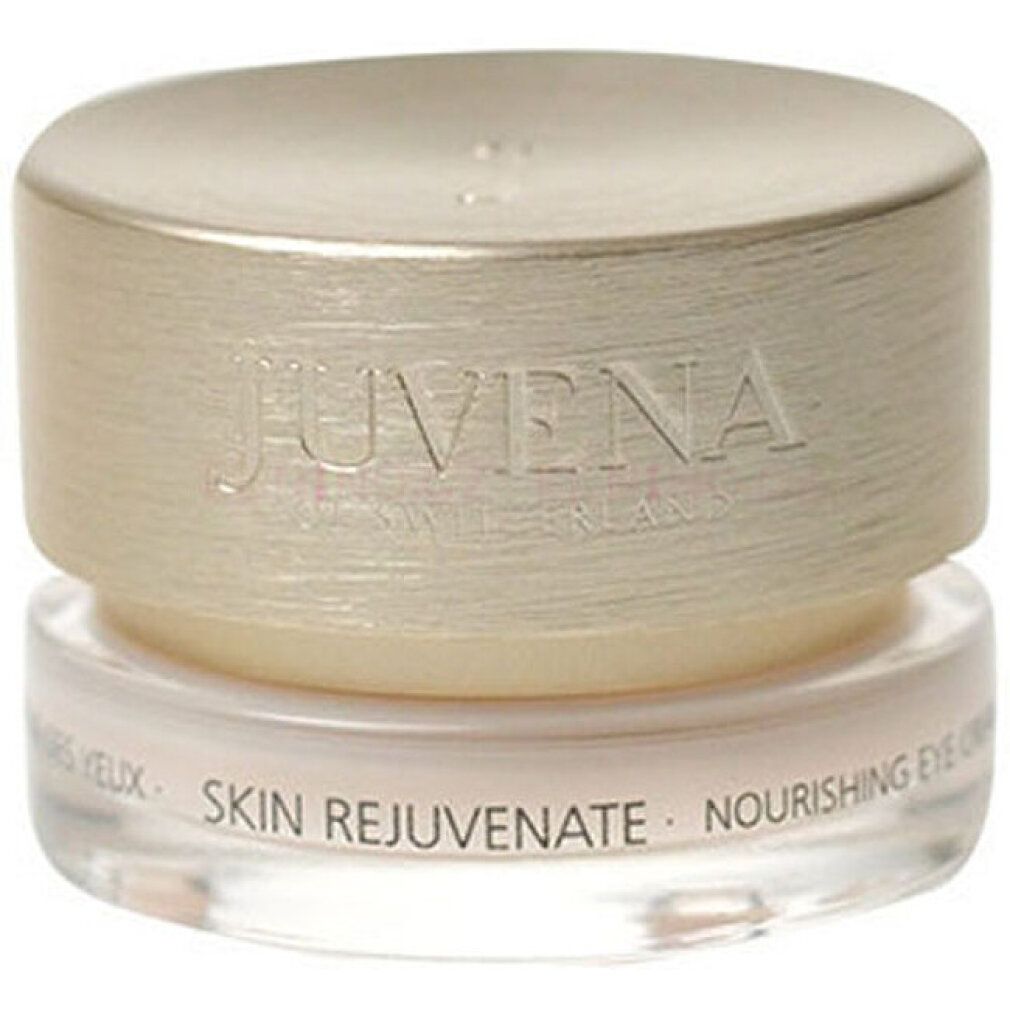 Vasetto di crema per occhi con coperchio dorato. Sul coperchio c'è scritto "JUVENA". Sotto il coperchio, "SKIN REJUVENATE NOURISHING EYE CREAM".