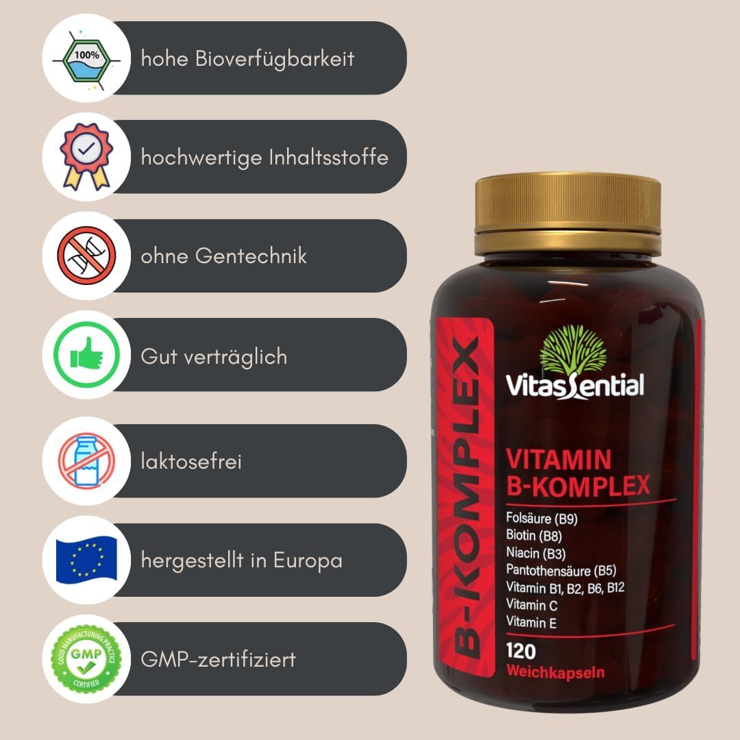 Flacone marrone con coperchio dorato. Vitassential Vitamina B-Komplex, 120 capsule molli. Certificazione GMP. Ingredienti e marchi di qualità.