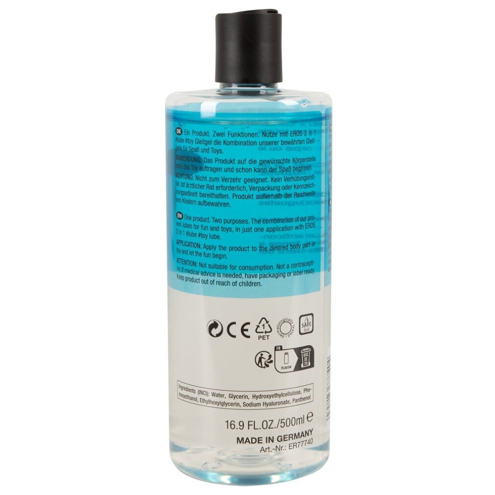 Flacone trasparente con tappo nero, tenuto da una mano. Scritte: EROS, #lube, #toy, 2in1. Liquido blu.