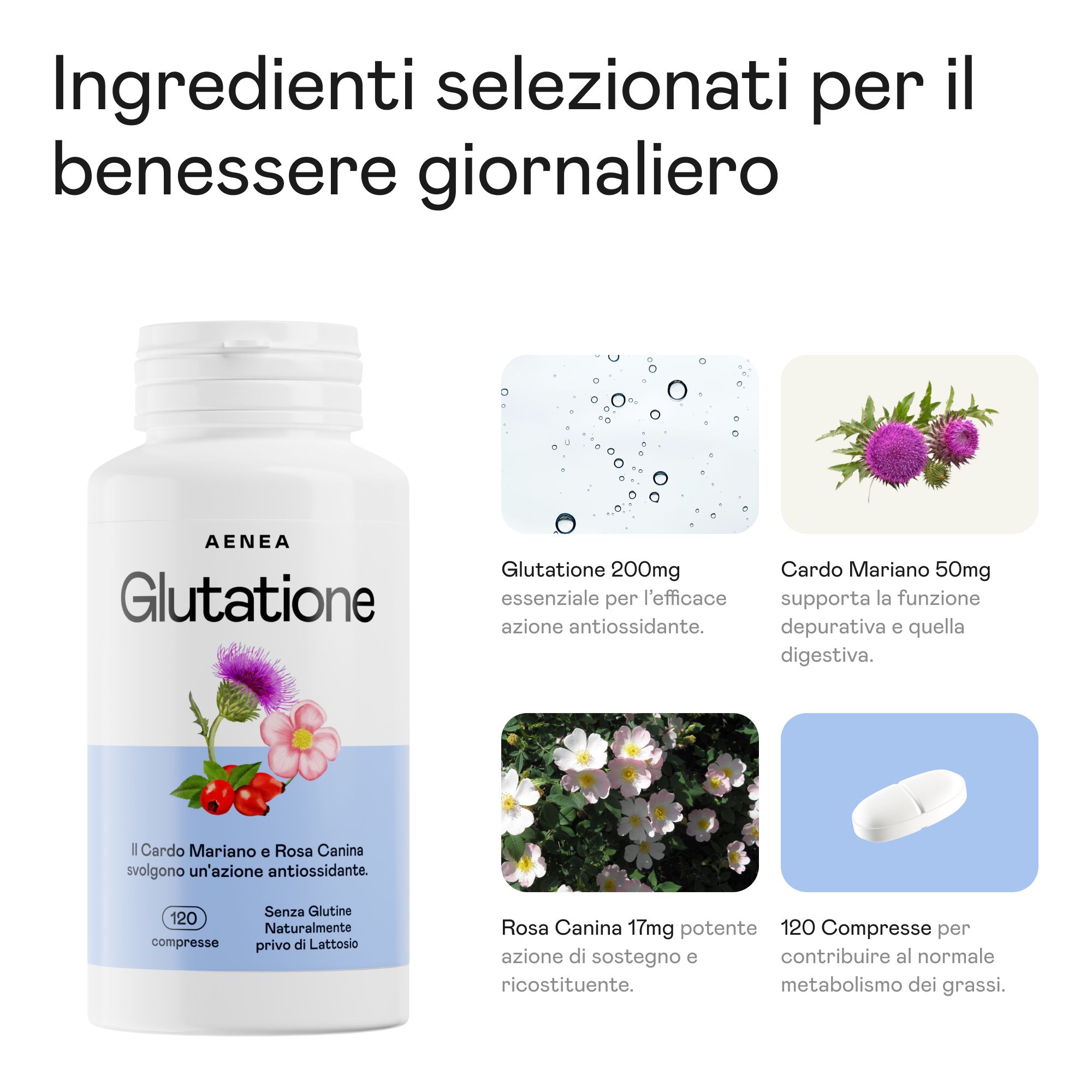 Flacone bianco di compresse Aenea Glutatione. Contiene cardo mariano, rosa canina, 120 compresse. Ingredienti aggiuntivi.